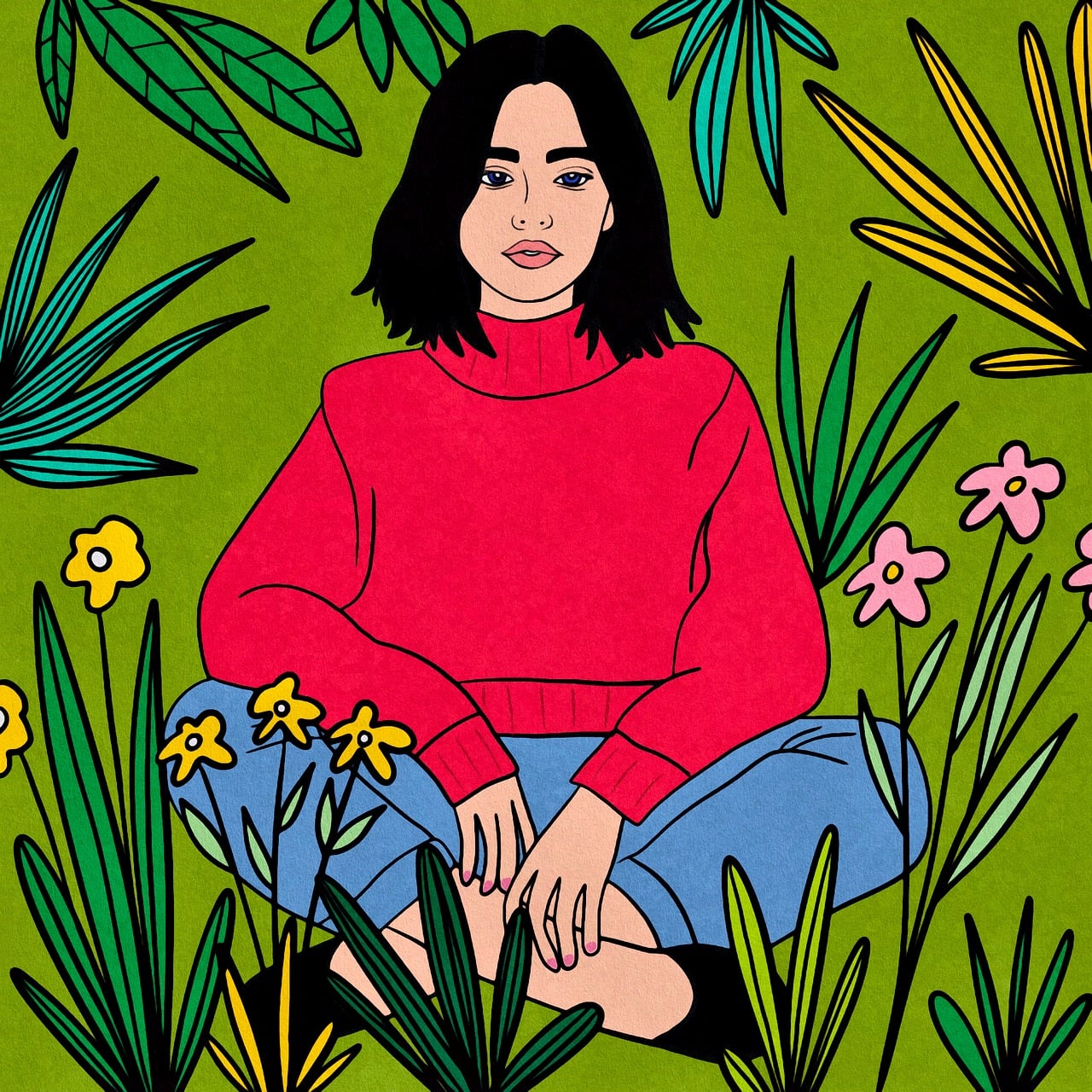 Illustrated portrait surrounded by leaves and flowers